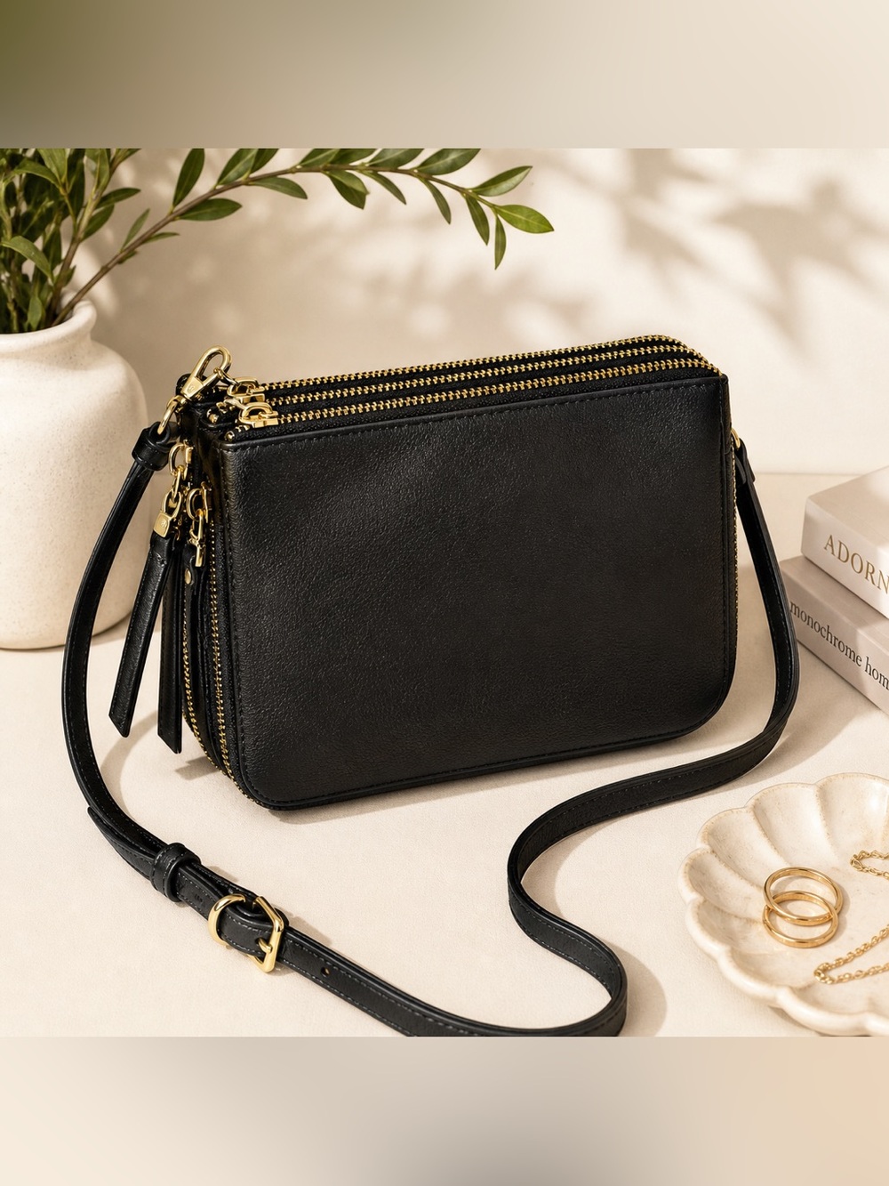 Black Triple Zip Crossbody Bag Gold Hardware Multi Compartment Minimalist